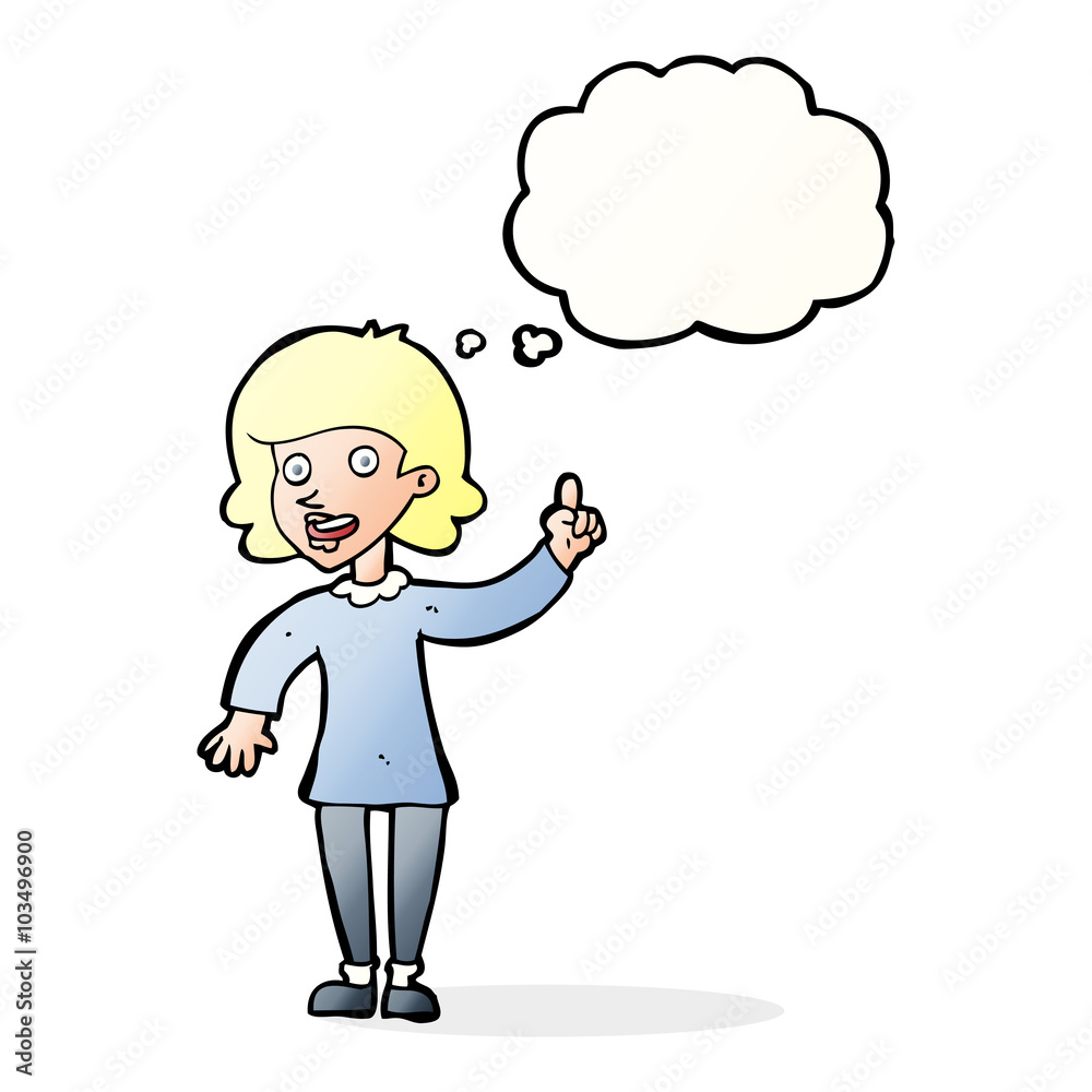 cartoon woman with idea with thought bubble cartoon woman with idea with thought bubble