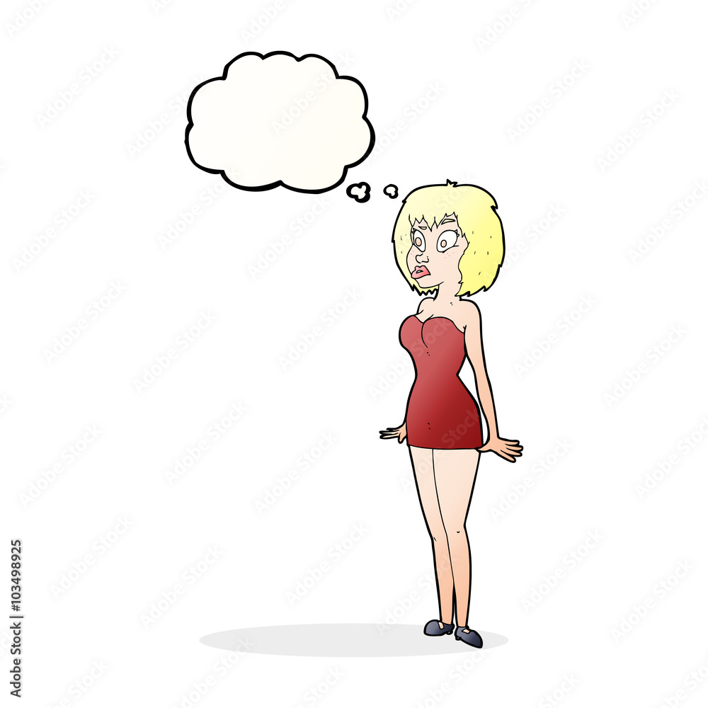 cartoon surprised woman in short dress with thought bubble cartoon surprised woman in short dress with thought bubble