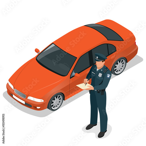 Policeman writing speeding ticket for a driver. Road traffic safety regulations. Police officer giving a ticket for bad parking, not paying tax. Police officer traffic. Isometric flat 3d illustration