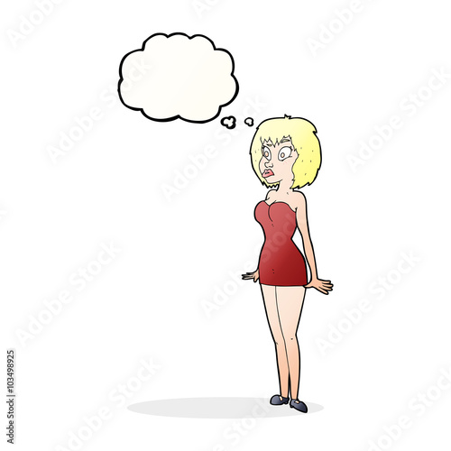 cartoon surprised woman in short dress with thought bubble