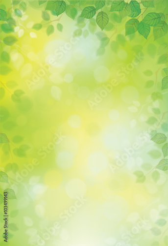 Vector green leaves border on green bokeh background.