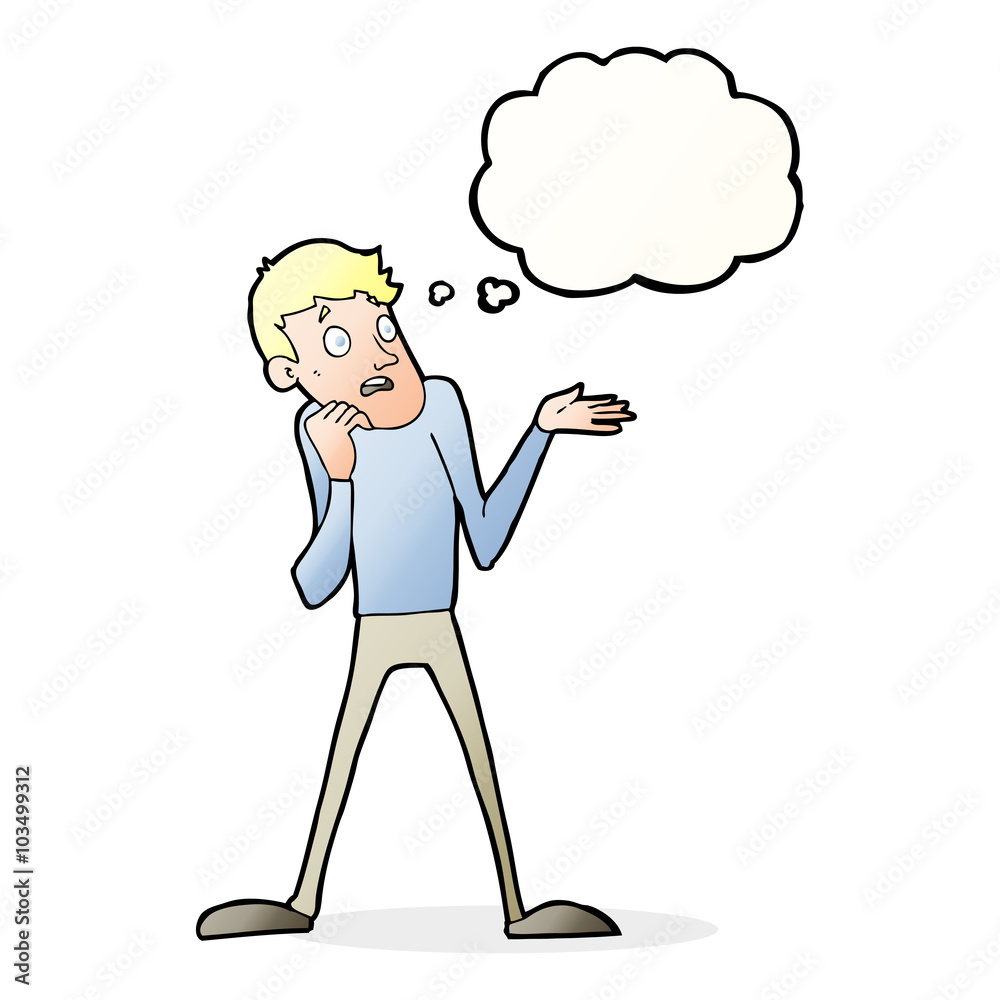 cartoon nervous man with thought bubble cartoon nervous man with thought bubble