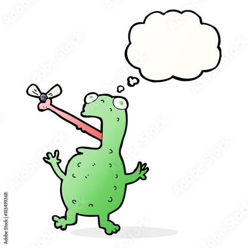 cartoon frog catching fly with thought bubble