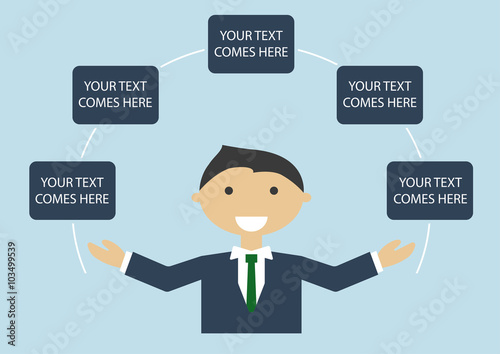 Vector illustration of happy light skin business man in suite spreading his arms. Infographic template with text