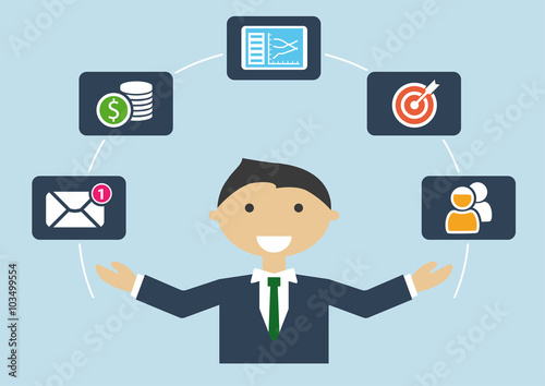 Multitasking concept with business man in suite and tie managing different activities like email, budget, colleagues, customers, targets and meeting schedules.