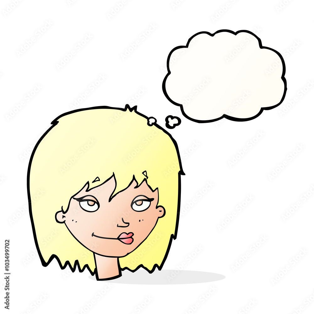 cartoon smiling woman with thought bubble cartoon smiling woman with thought bubble