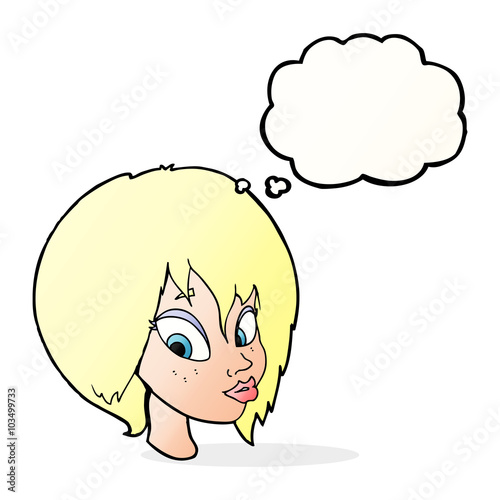 cartoon pretty female face pouting with thought bubble