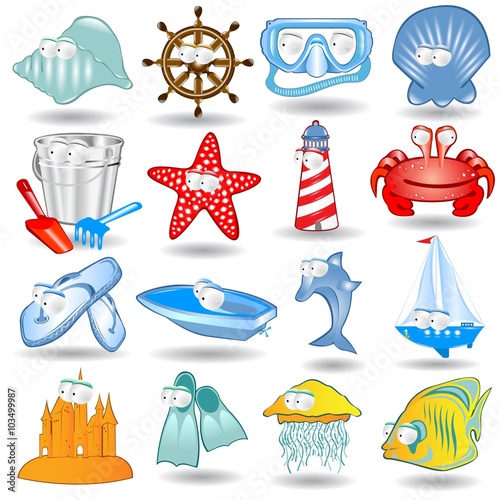 set of cartoon sea web icons isolated on white
