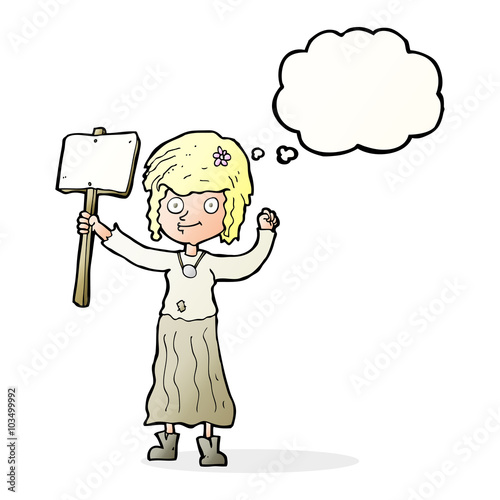 cartoon hippie girl with protest sign with thought bubble