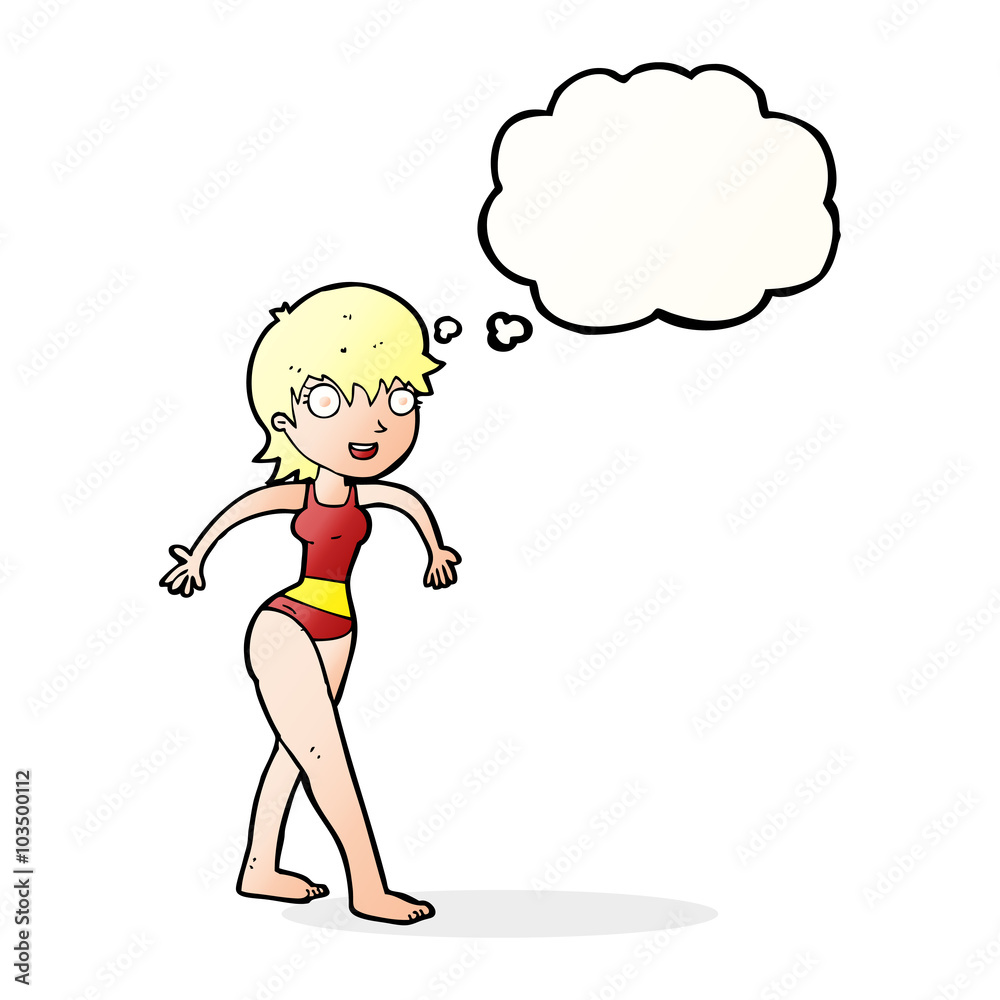 cartoon happy woman in swimming costume with thought bubble cartoon happy woman in swimming costume with thought bubble