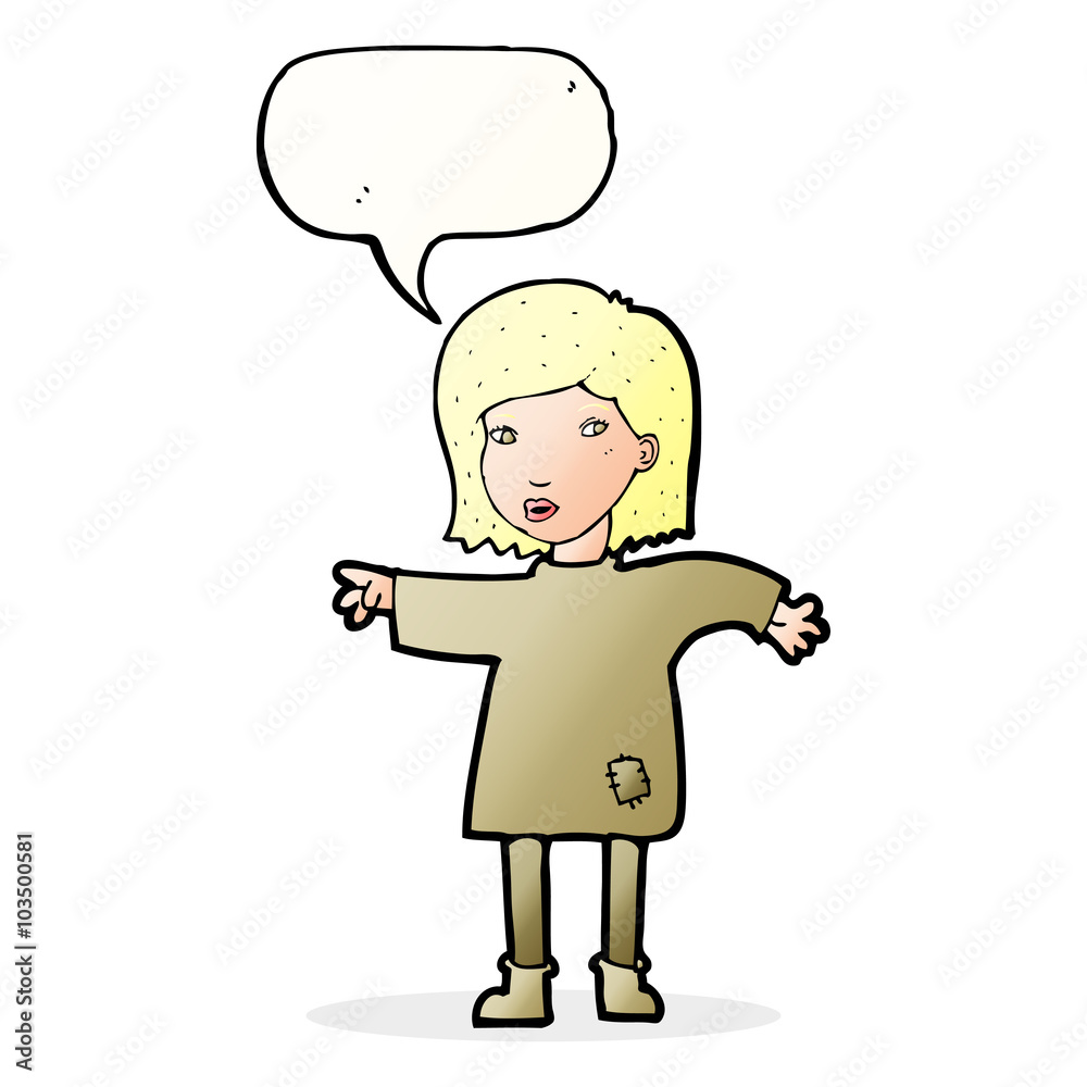 cartoon woman in patched clothing with speech bubble cartoon woman in patched clothing with speech bubble