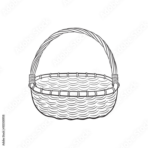 Hand drawn picnic basket isolated on white background. Sketch illustration of empty bamboo basket.