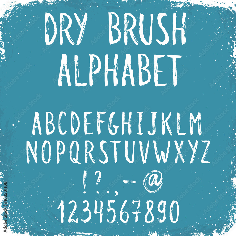 Hand drawn tall and narrow letters. Handwritten alphabet on blue grunge ...