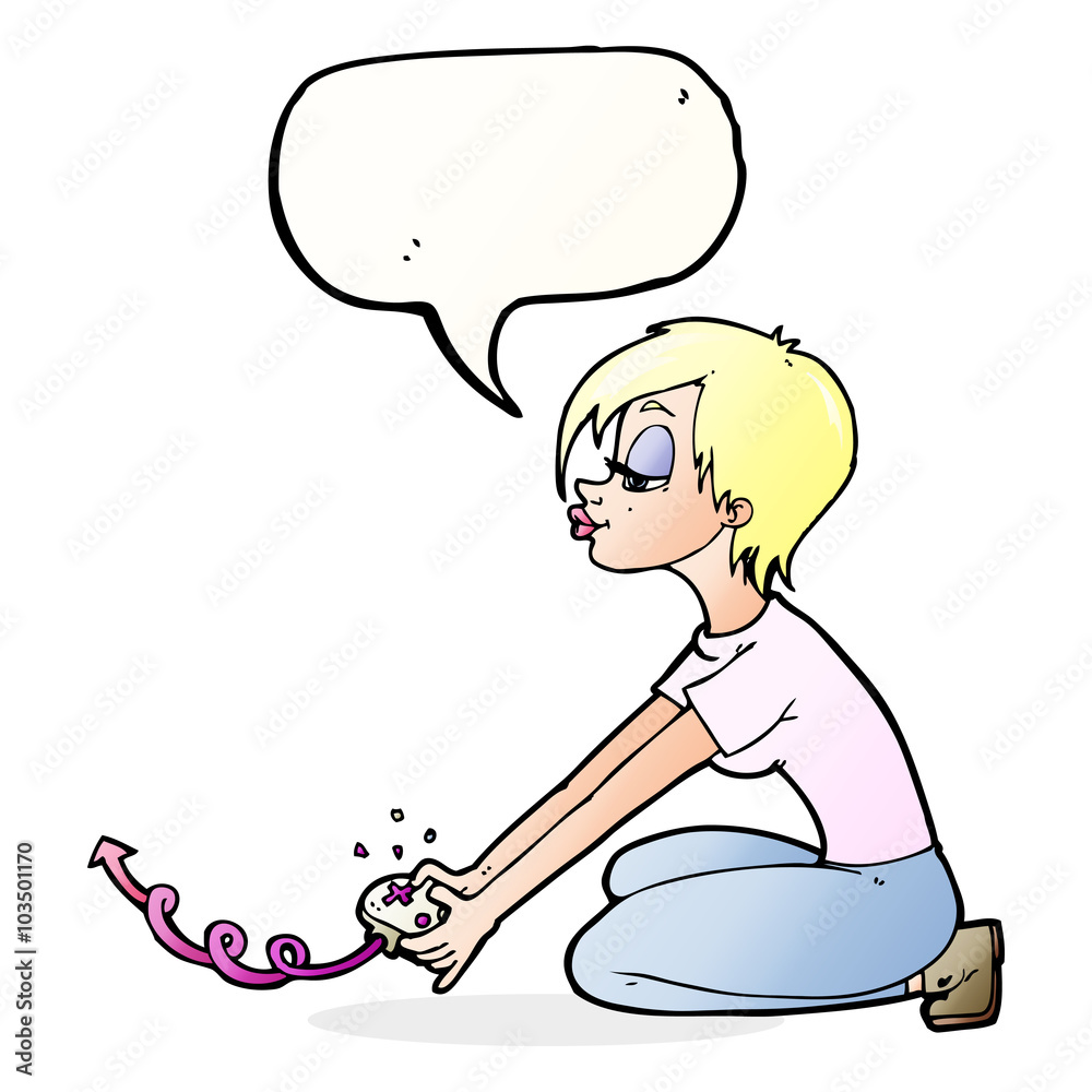 cartoon girl playing computer games with speech bubble cartoon girl playing computer games with speech bubble