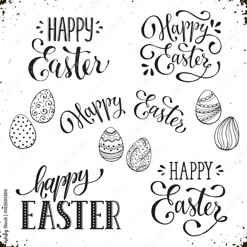 Naklejka premium Hand written Easter phrases .Greeting card text templates with Easter eggs isolated on white background. Happy easter lettering modern calligraphy style.