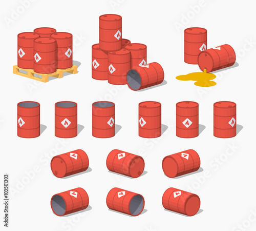 Red metal barrels with the fuel. 3D lowpoly isometric vector illustration. The set of objects isolated against the white background and shown from different sides