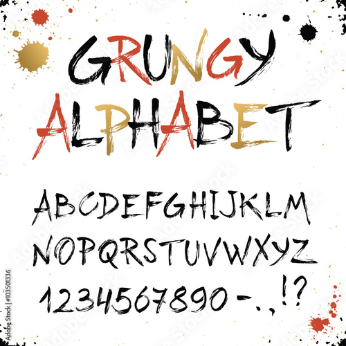 Hand drawn golden alphabet. Uppercase grunge letters and numbers isolated on white background. Handdrawn typography made with dry brush. Modern textured font.