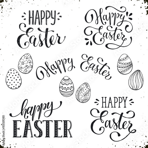 Hand written Easter phrases .Greeting card text templates with Easter eggs isolated on white background. Happy easter lettering modern calligraphy style.