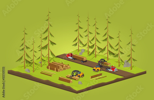 Lumber stock. Logs loading on trucks. 3D lowpoly isometric vector concept illustration suitable for advertising and promotion