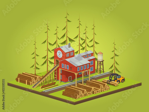 Lumber mill. Sawmill building. 3D lowpoly isometric vector concept illustration suitable for advertising and promotion