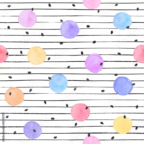 Tapety Akwarela tekstury w pastelowych kolorach. Ręcznie rysowane bezszwowe tło dla wydruku na tkaninie lub papier pakowy. Akwarele miejsca z czarnymi gwiazdami i kropkami na białym tle.