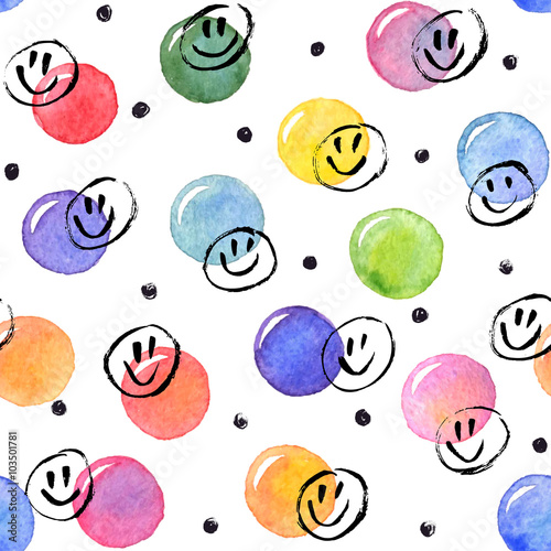 Watercolor texture. Aquarelle spots with ink smileys hand drawn with dry brush. Seamless pattern. Watercolor pattern with colorful dots and black circles isolated on white background.