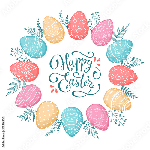 Easter wreath with easter eggs hand drawn black on white background. Decorative doodle frame from Easter eggs and floral elements. Easter eggs with ornaments in circle shape. Easter greeting card.