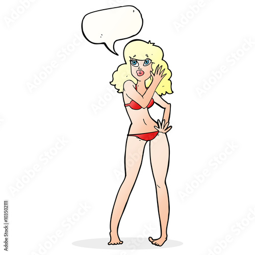 cartoon pretty woman in bikini with speech bubble