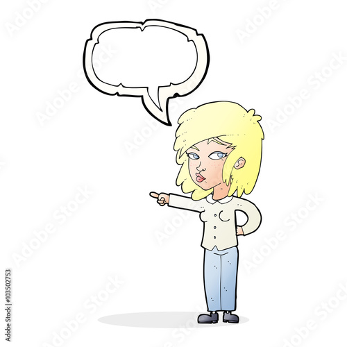 cartoon woman pointing with speech bubble
