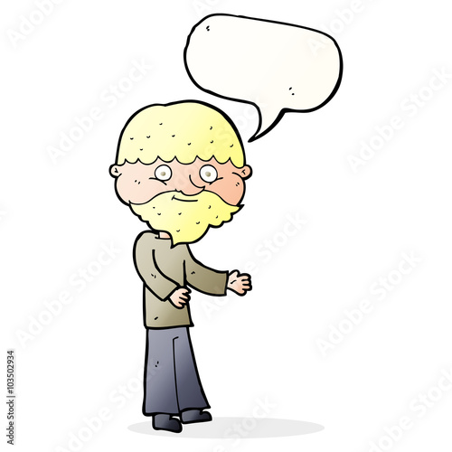 cartoon happy bearded man with speech bubble