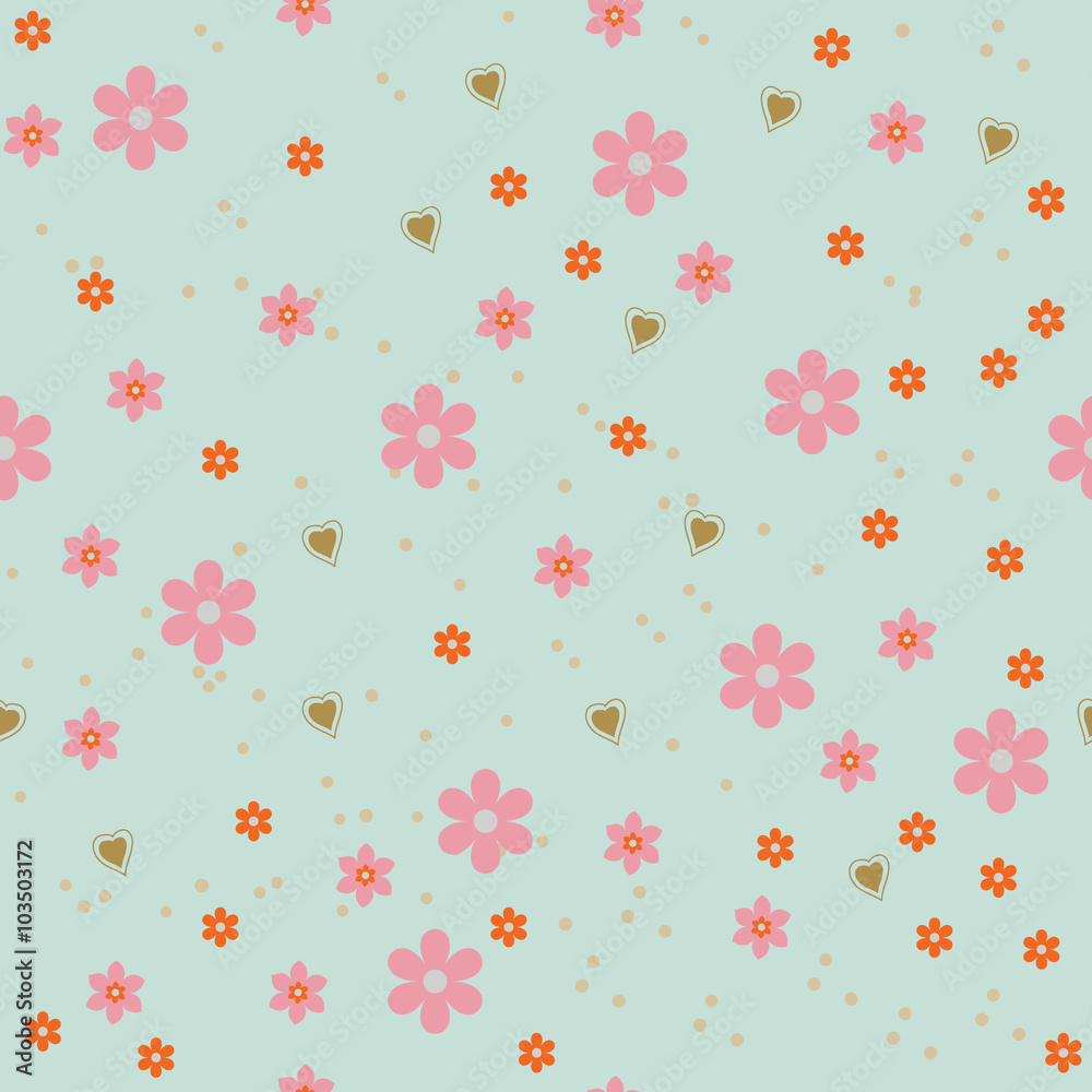 Vector seamless background with flowers and hearts elements. 