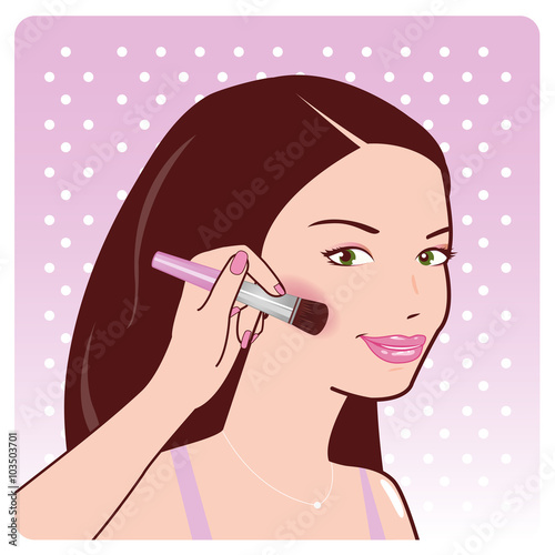 Woman applies blush on her cheeks. Vector illustration