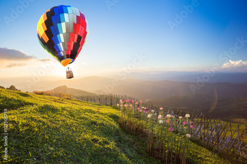Hot air balloon over the mountain