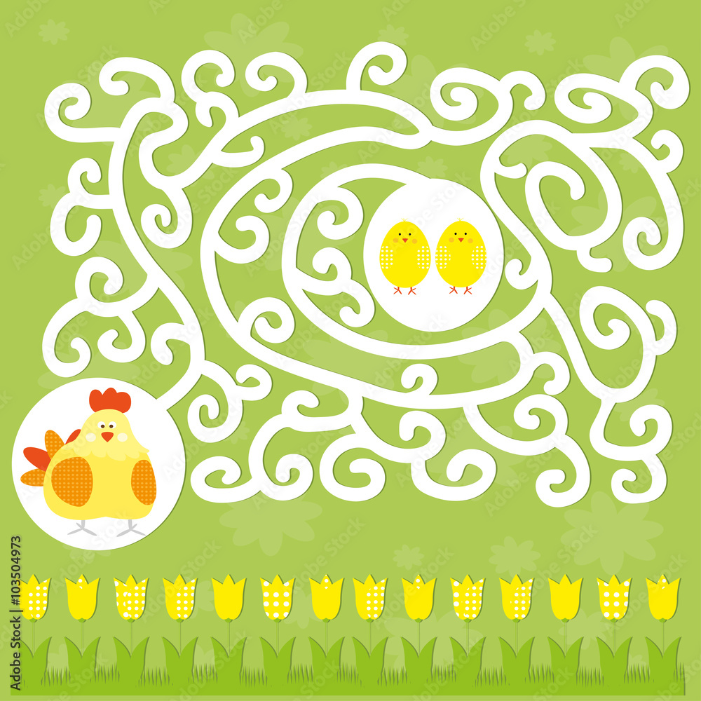 Easter maze game for children with a hen , cute chicks and tulips / square background