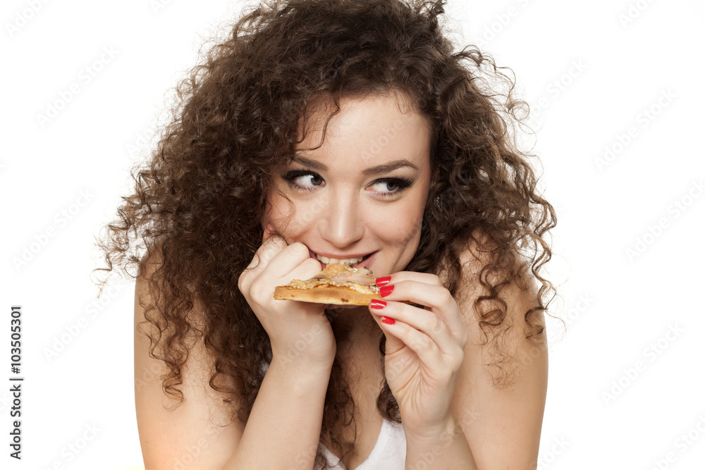 happy beautiful girl enjoying the taste of her pizza happy beautiful girl enjoying the taste of her pizza