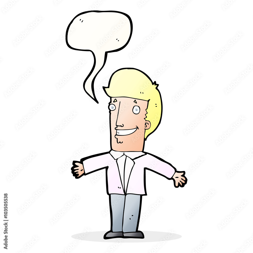 cartoon grining man with open arms with speech bubble