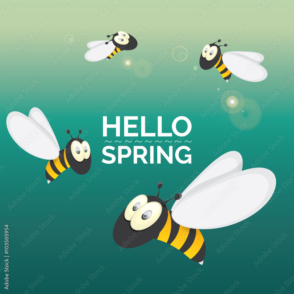 Hello spring . cartoon cute bright baby bee icon Hello spring . cartoon cute bright baby bee icon