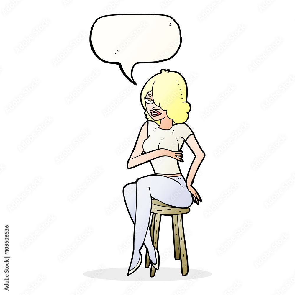 cartoon woman sitting on bar stool with speech bubble cartoon woman sitting on bar stool with speech bubble
