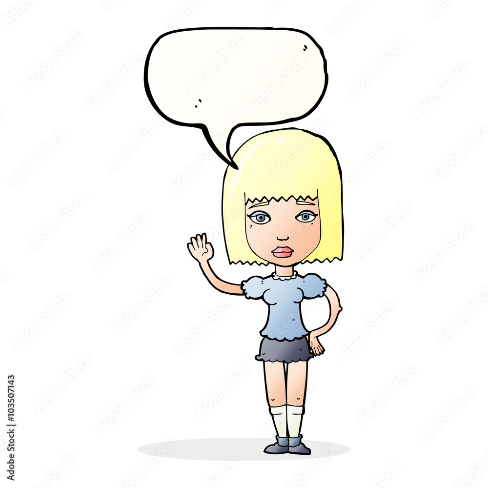 cartoon woman waving with speech bubble cartoon woman waving with speech bubble
