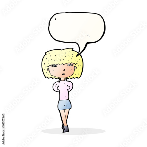 cartoon shy woman with speech bubble