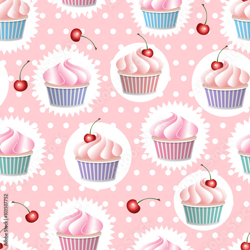 Colorful vector seamless pattern with cupcakes and cherry in polka dot background. Colorful vector seamless pattern in retro style.