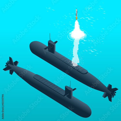 Nuclear submarine traveling underwater.Nuclear-powered submarines. Flat 3d isometric vector illustration for infographic. 