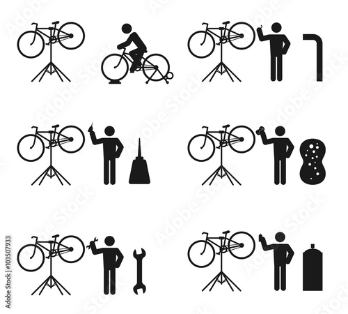 Bicycle man and stand holder service repair icon set illustration pictogram black and white color isolated on white background