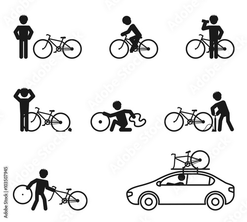 Bicycle man exercise story icon set illustration pictogram black and white color isolated on white background
