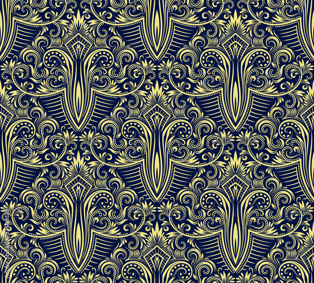 Damask seamless pattern repeating background. Yellow blue floral ornament in baroque style.