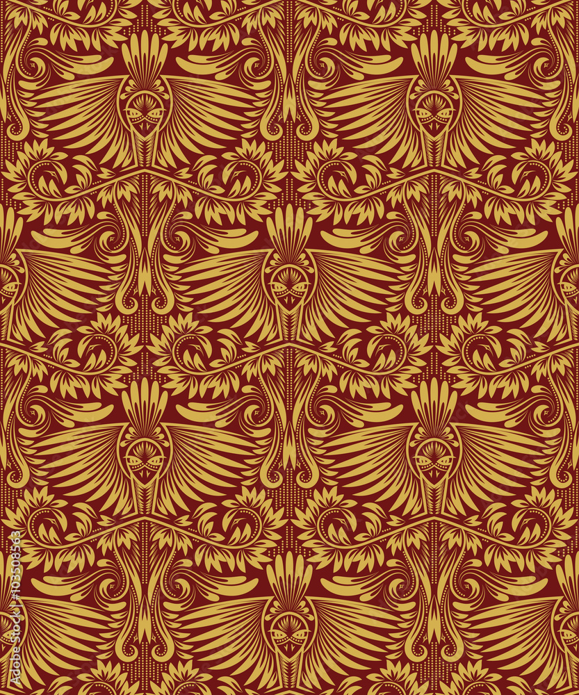 Damask seamless pattern repeating background. Golden red floral ornament in baroque style.
