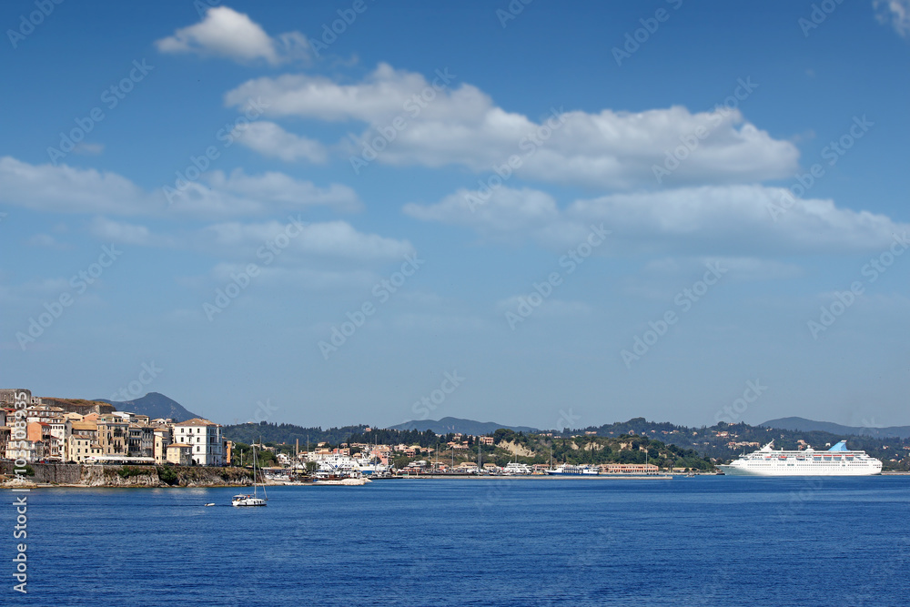 Corfu town port with cruiser ship