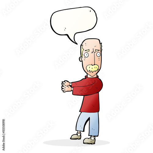 cartoon balding man explaining with speech bubble