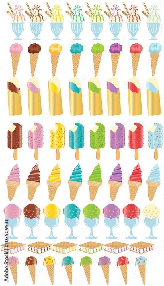 big set of ice creams different colors and type