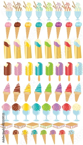 big set of ice creams different colors and type